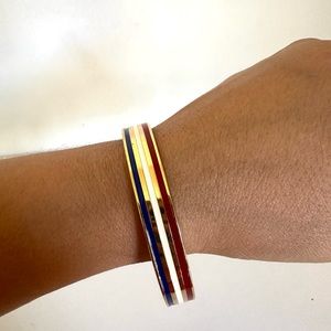 Vintage Gold Tone Red, White, Blue Enamel Striped Bangle Bracelet